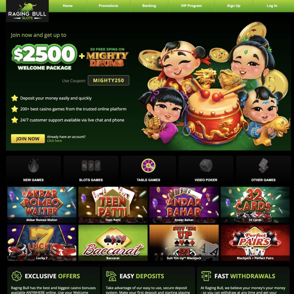 Raging Bull Slots $2500 Welcome Package